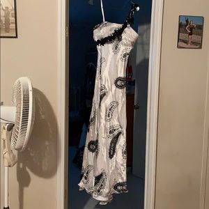 White and black formal dress.